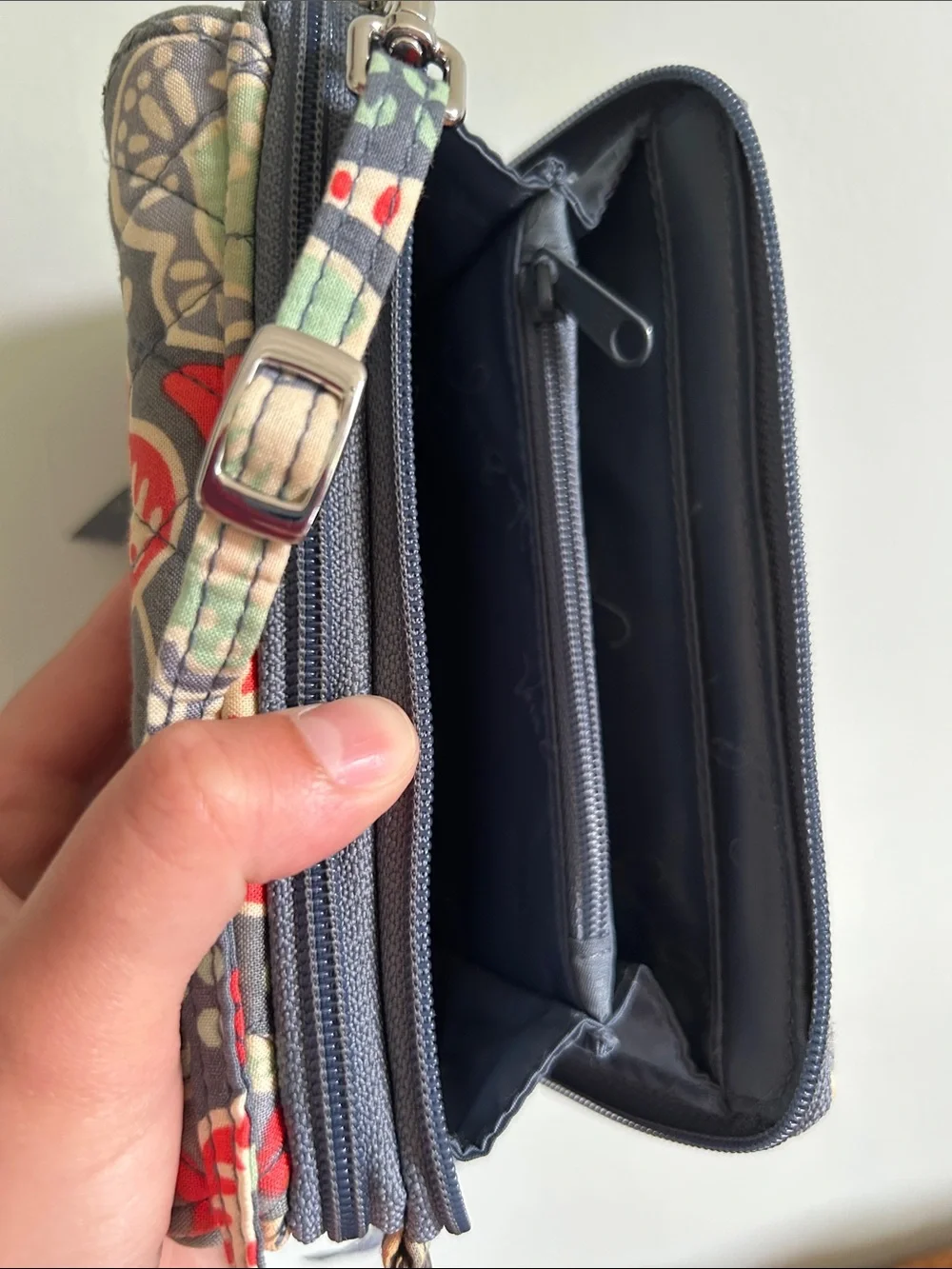 Vera Bradley Gray Quilted Floral Wristlet with Red Accents